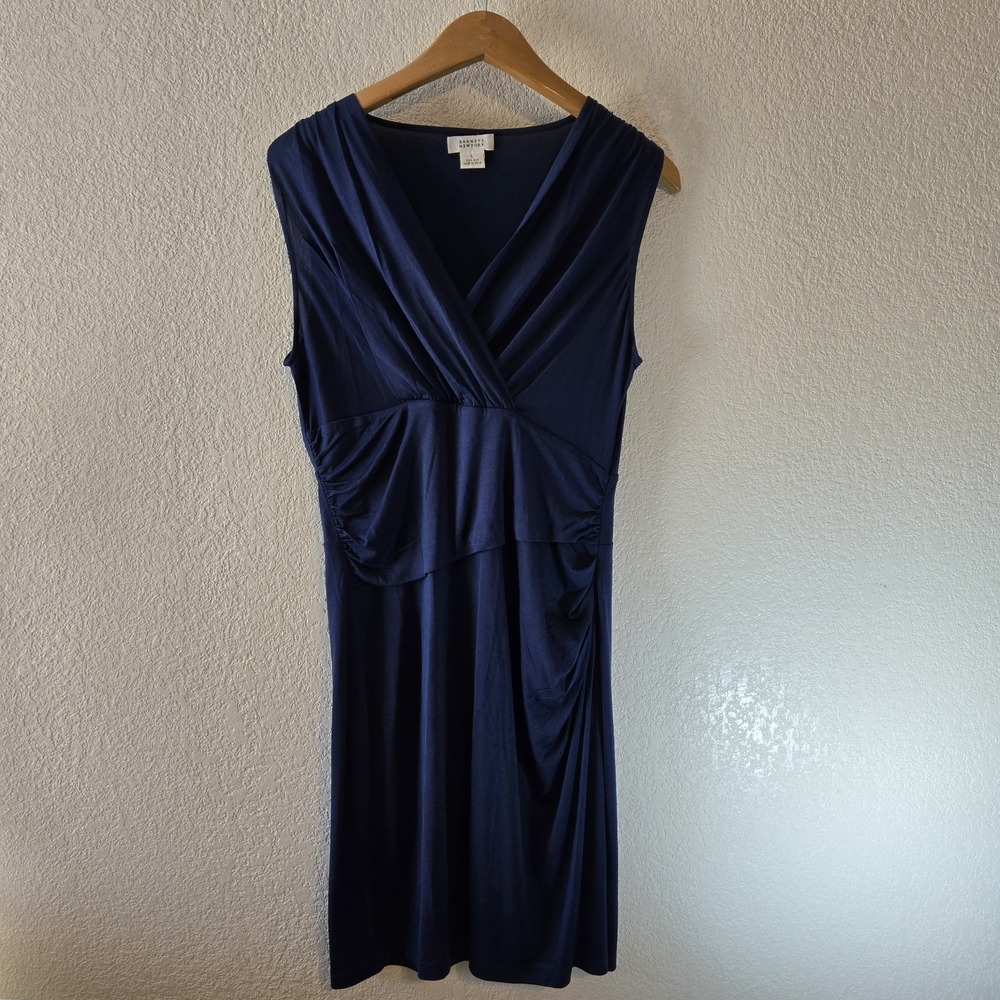 Barneys New York Silk Dress Womens L Blue Sleeveless Draped Ruched Knee Length